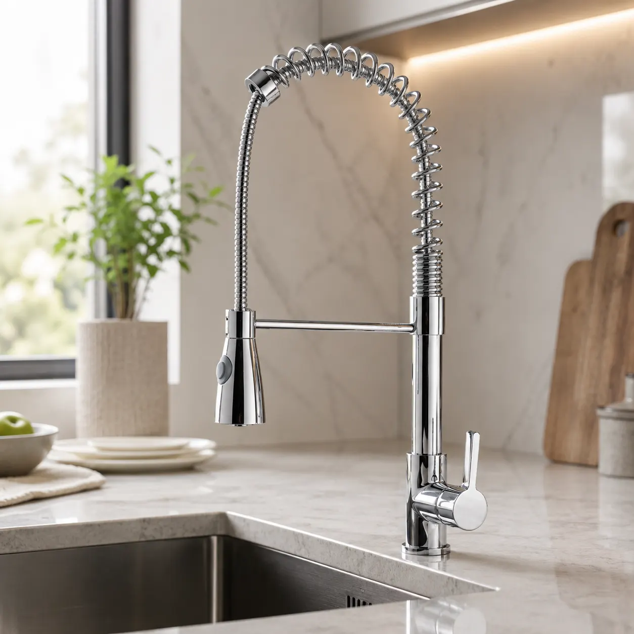 Aethera™ professional pull-down kitchen faucet over a stainless sink