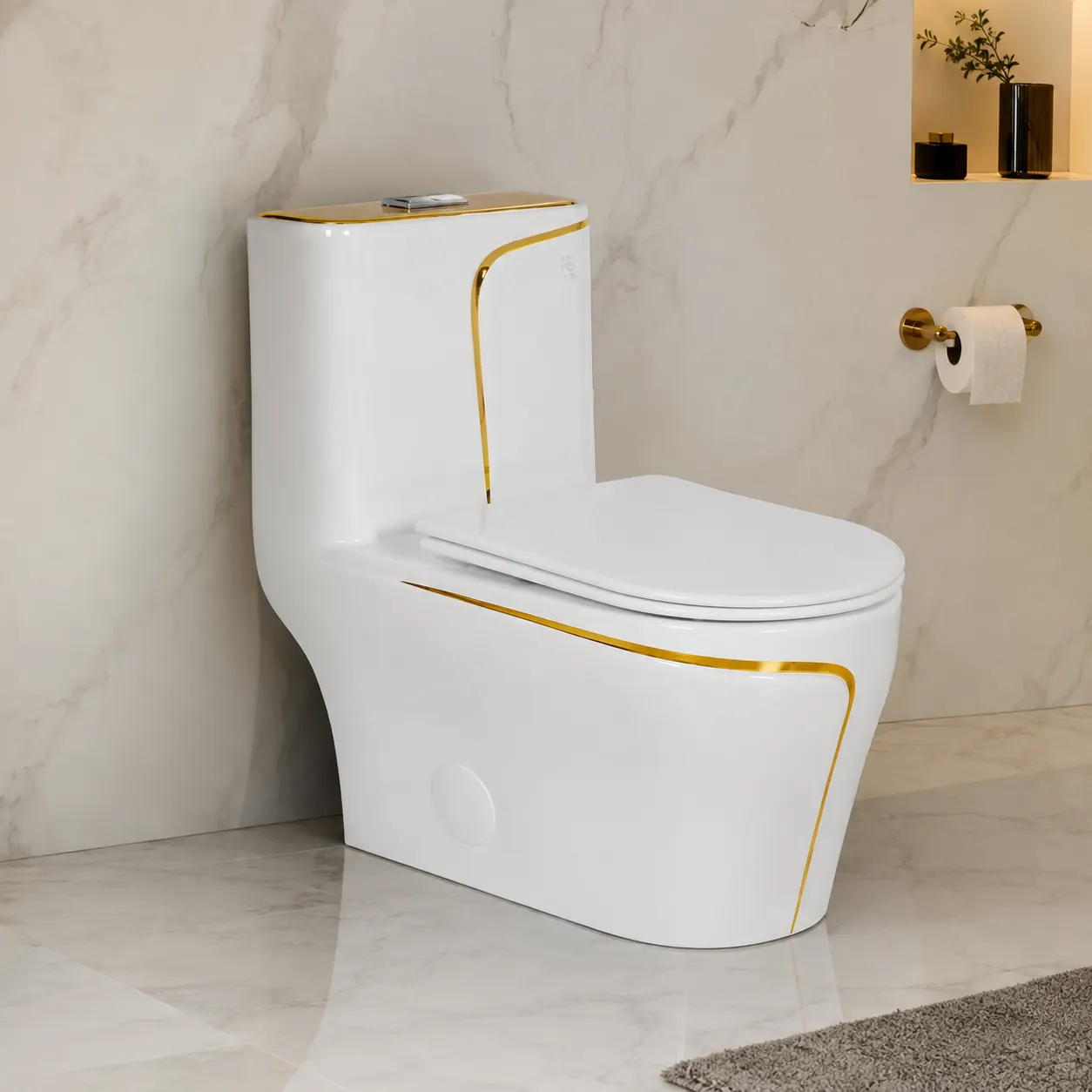 Celestia™ one-piece toilet with gold trim in a marble bathroom