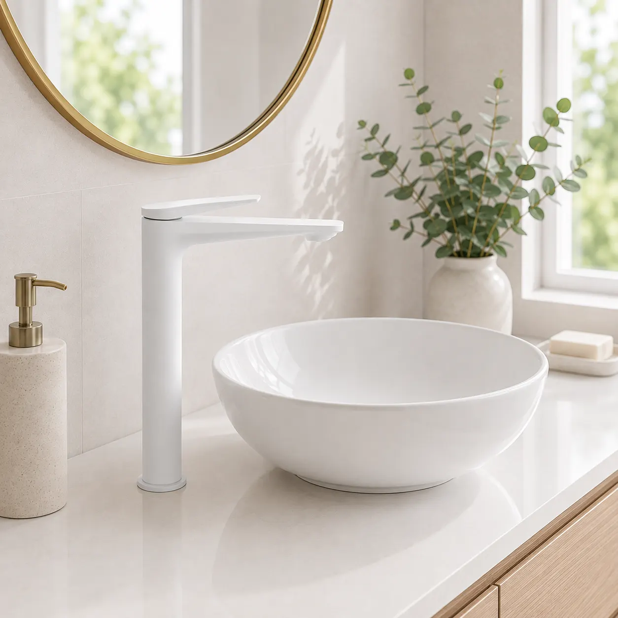 Élan™ matte white basin faucet beside a round vessel sink