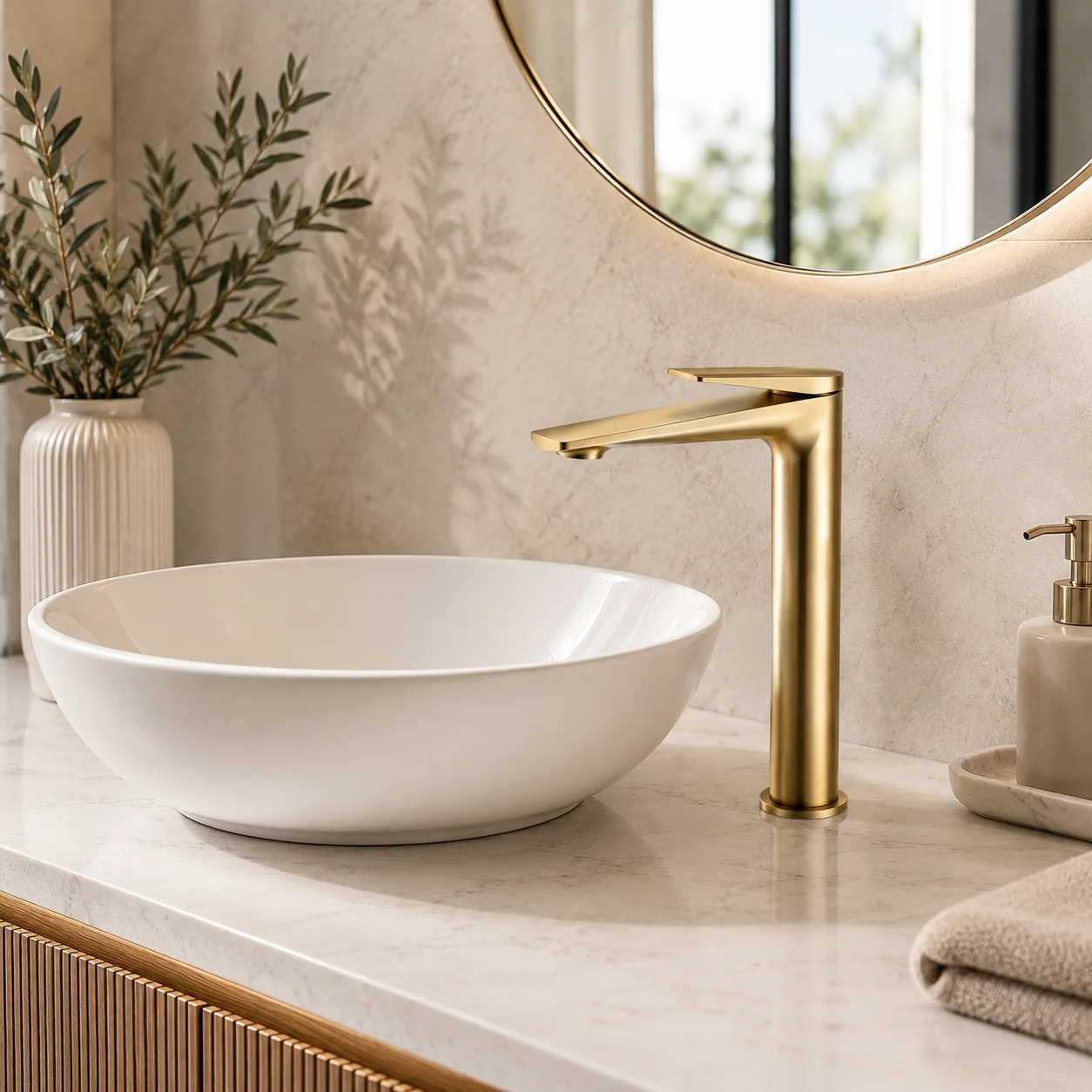 Aurevo™ brushed gold basin faucet on a marble vanity